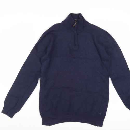 2Tall Men's Blue Merino Wool Cotton 1/4 Zip Jumper L Tall