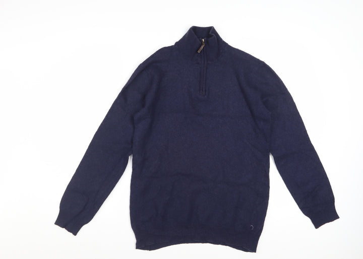 2Tall Men's Blue Merino Wool Cotton 1/4 Zip Jumper L Tall