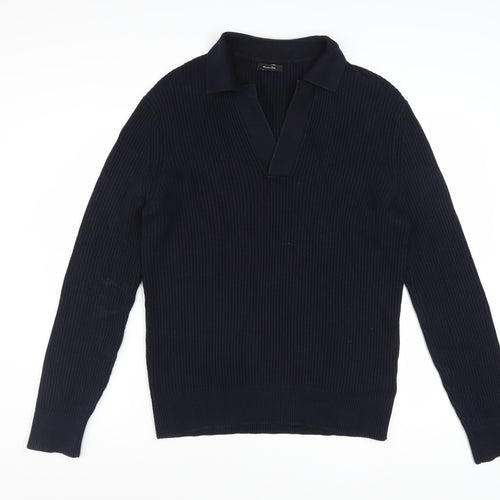 Massimo Dutti Men's Blue Cotton Collared Ribbed Jumper Size M