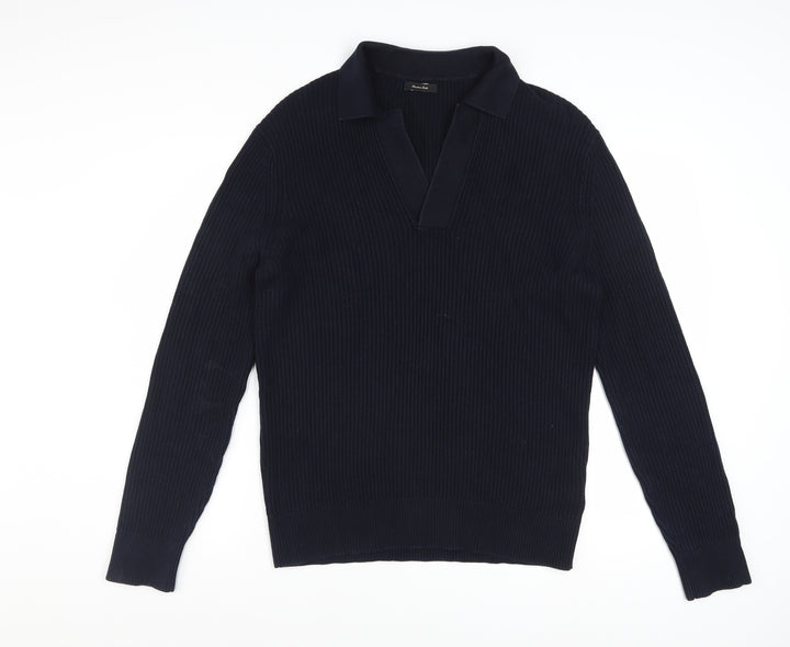 Massimo Dutti Men's Blue Cotton Collared Ribbed Jumper Size M