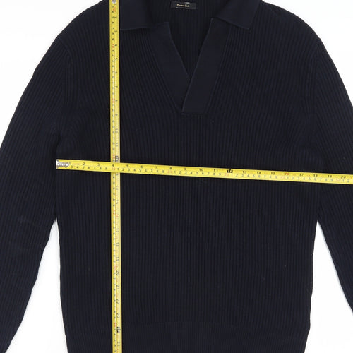 Massimo Dutti Men's Blue Cotton Collared Ribbed Jumper Size M