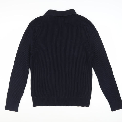Massimo Dutti Men's Blue Cotton Collared Ribbed Jumper Size M