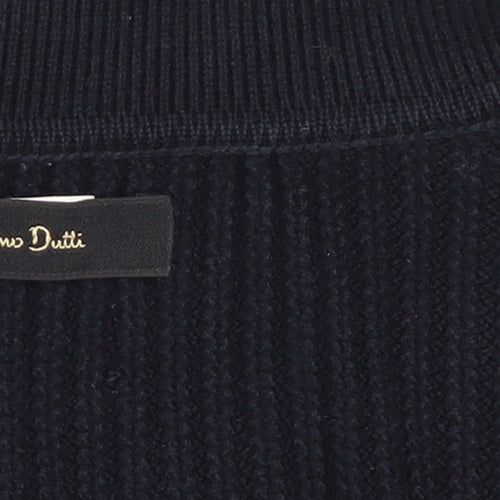 Massimo Dutti Men's Blue Cotton Collared Ribbed Jumper Size M