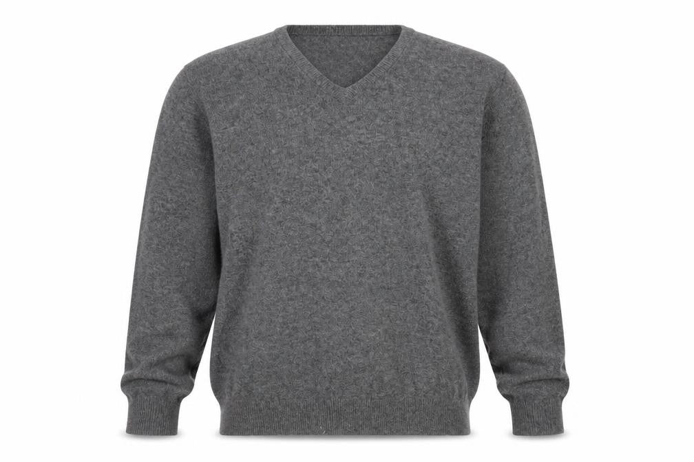 Front view of Marks & Spencer men’s grey cashmere v-neck jumper, size L