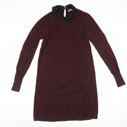 Oasis Womens Brown Beaded Collar Shift Dress XS Long Sleeve