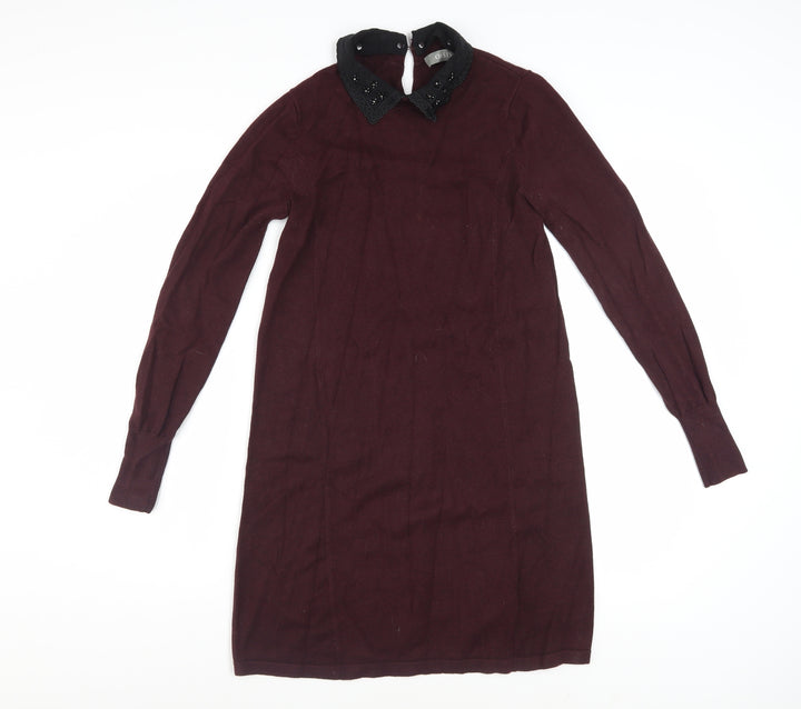Oasis Womens Brown Beaded Collar Shift Dress XS Long Sleeve