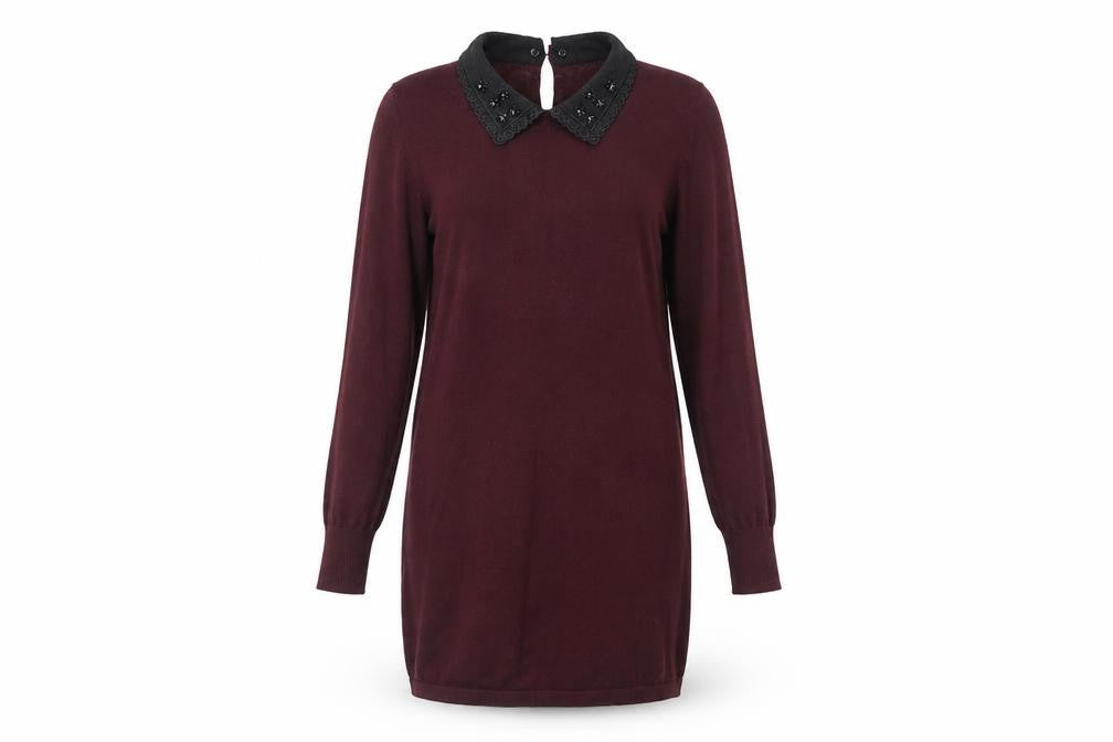 Front view of Oasis women’s brown beaded collar shift dress xs long sleeve