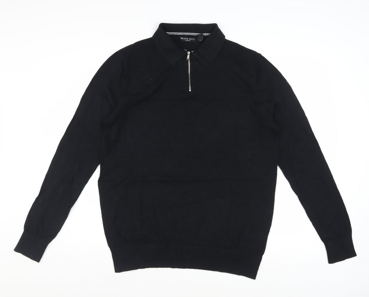 Brave Soul Men's Black Collared Zip Cotton Jumper Size L