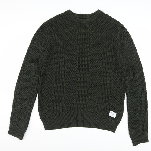 Jack & Jones Men's Green Chunky-Knit Cotton Acrylic Crew Neck Jumper M
