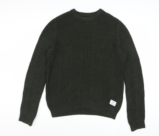 Jack & Jones Men's Green Chunky-Knit Cotton Acrylic Crew Neck Jumper M