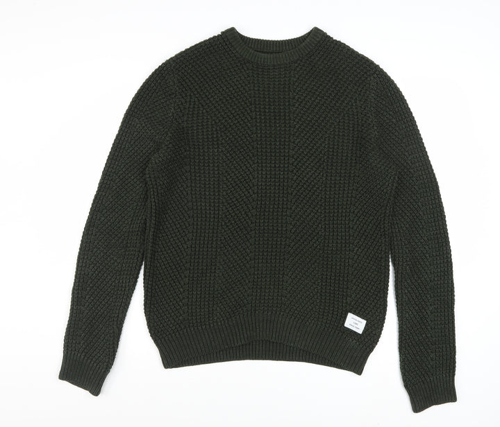 Jack & Jones Men's Green Chunky-Knit Cotton Acrylic Crew Neck Jumper M