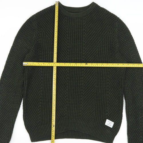Jack & Jones Men's Green Chunky-Knit Cotton Acrylic Crew Neck Jumper M