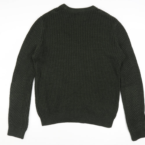 Jack & Jones Men's Green Chunky-Knit Cotton Acrylic Crew Neck Jumper M