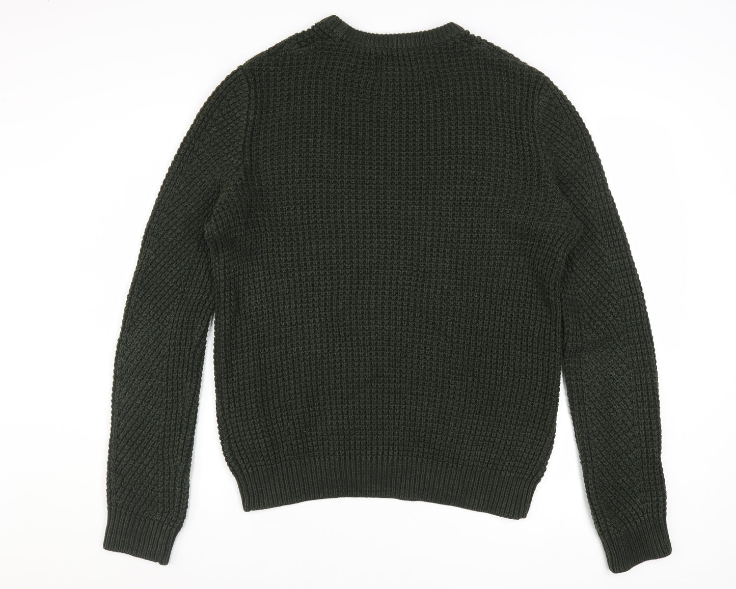 Jack & Jones Men's Green Chunky-Knit Cotton Acrylic Crew Neck Jumper M