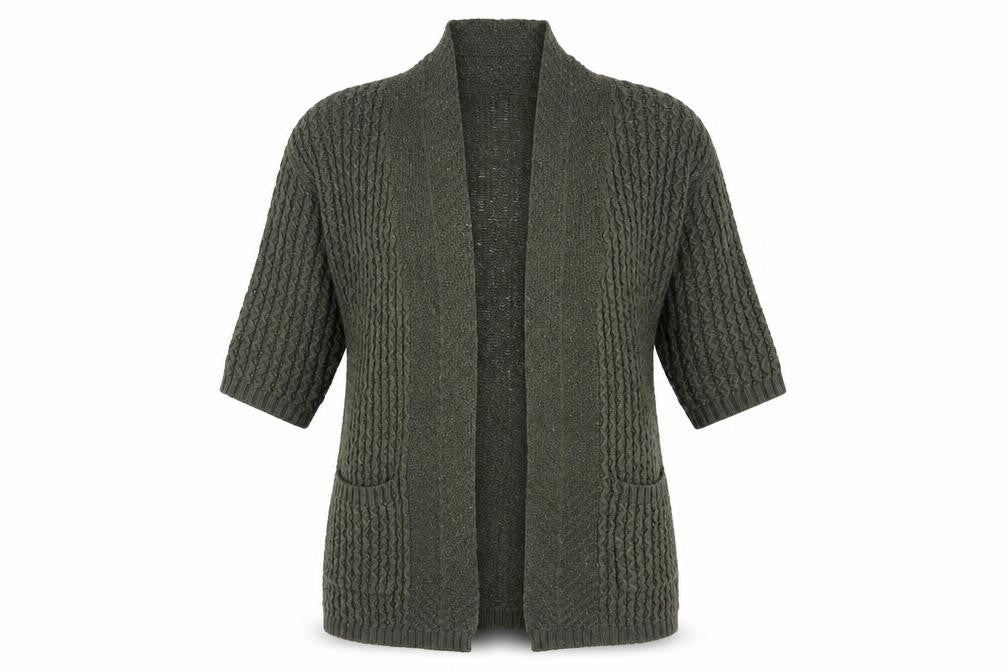 Front view of FatFace Women's Green Chunky Knit Open Cardigan, size 12