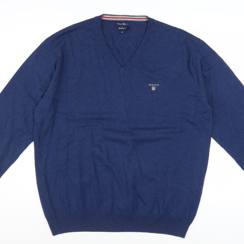 Gant Men's Blue V-Neck Cotton Wool Pullover Jumper XL