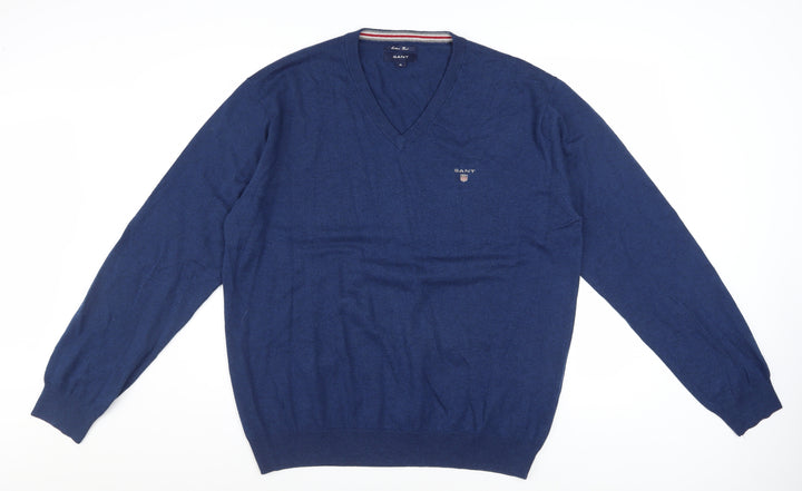 Gant Men's Blue V-Neck Cotton Wool Pullover Jumper XL