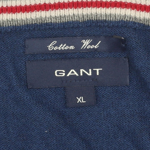 Gant Men's Blue V-Neck Cotton Wool Pullover Jumper XL