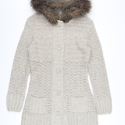 Papaya Women’s Beige Hooded Knit Cardigan Size 14 Faux Fur Trim