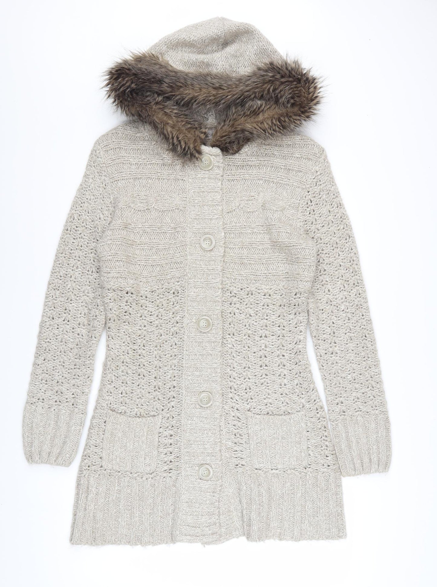Papaya Women’s Beige Hooded Knit Cardigan Size 14 Faux Fur Trim