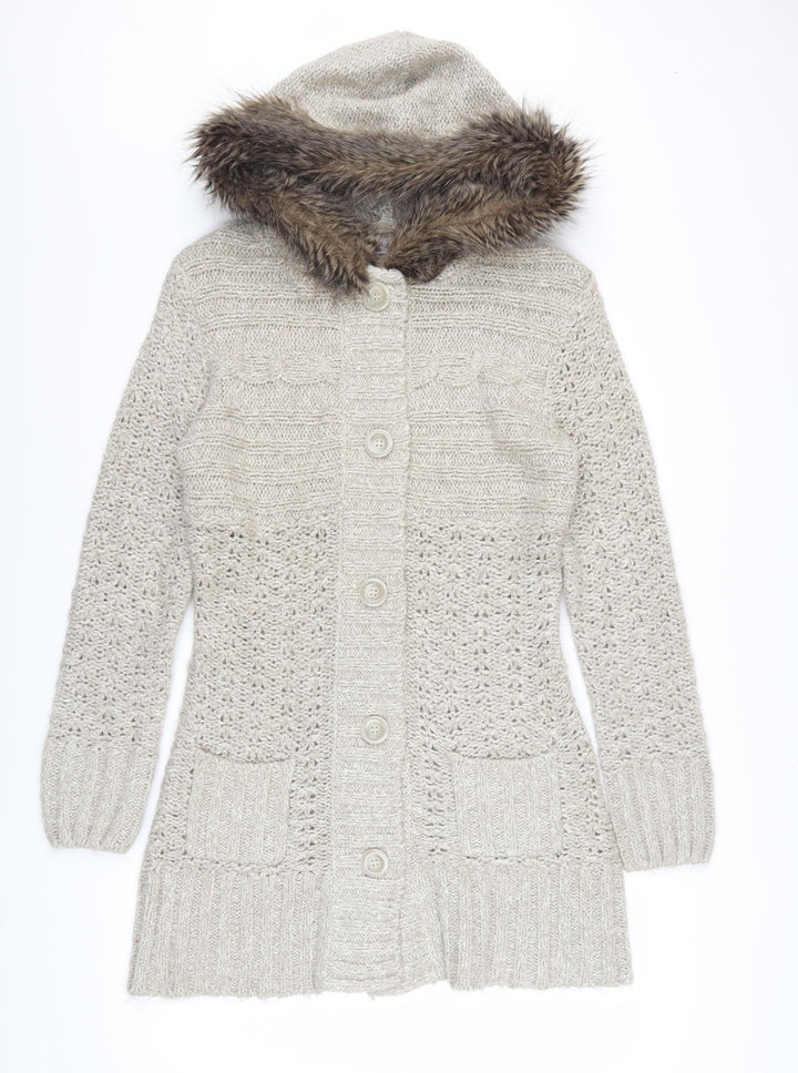 Papaya Women’s Beige Hooded Knit Cardigan Size 14 Faux Fur Trim