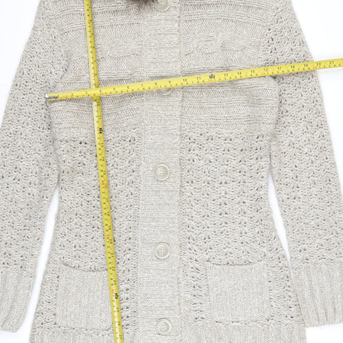 Papaya Women’s Beige Hooded Knit Cardigan Size 14 Faux Fur Trim