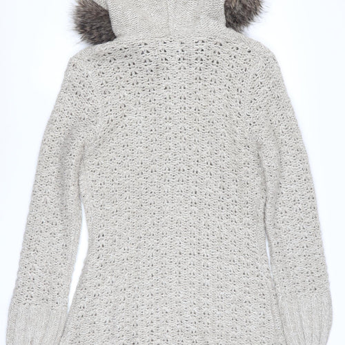 Papaya Women’s Beige Hooded Knit Cardigan Size 14 Faux Fur Trim