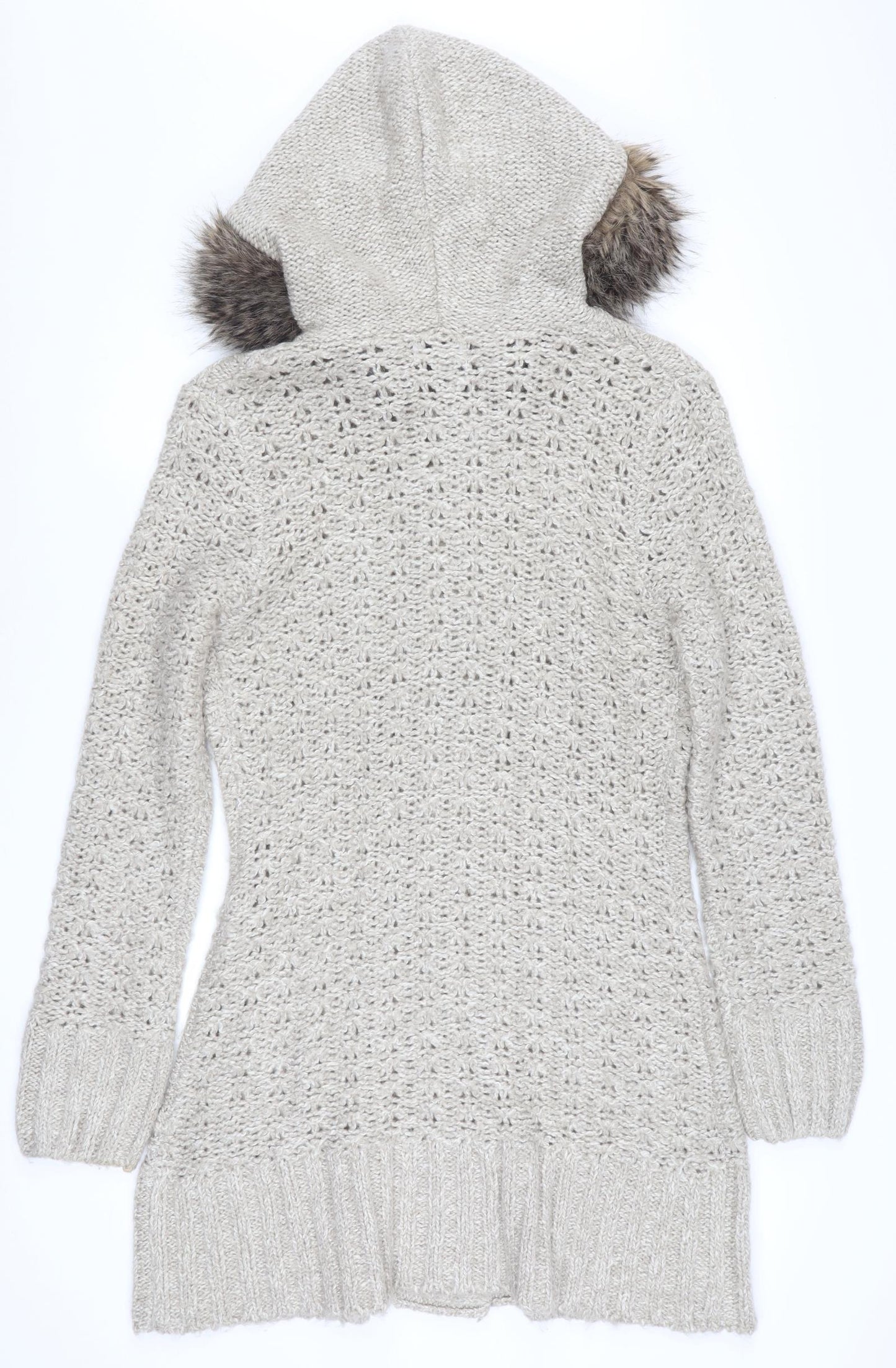 Papaya Women’s Beige Hooded Knit Cardigan Size 14 Faux Fur Trim
