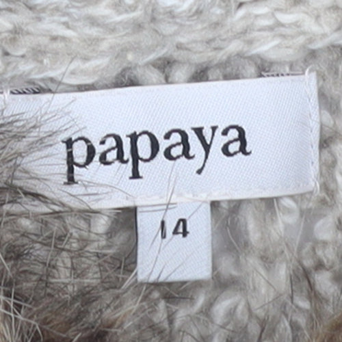 Papaya Women’s Beige Hooded Knit Cardigan Size 14 Faux Fur Trim