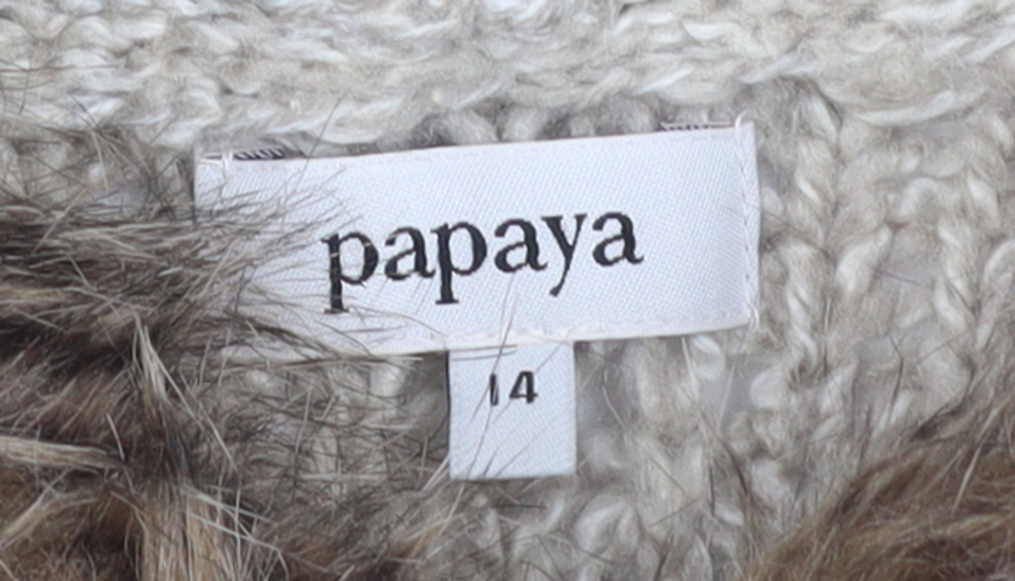 Papaya Women’s Beige Hooded Knit Cardigan Size 14 Faux Fur Trim