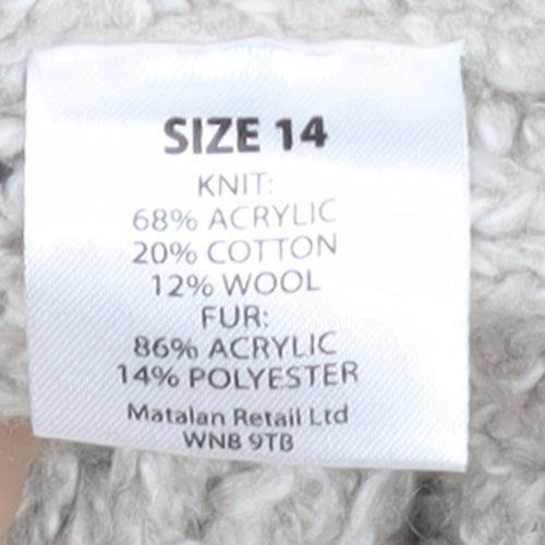 Papaya Women’s Beige Hooded Knit Cardigan Size 14 Faux Fur Trim