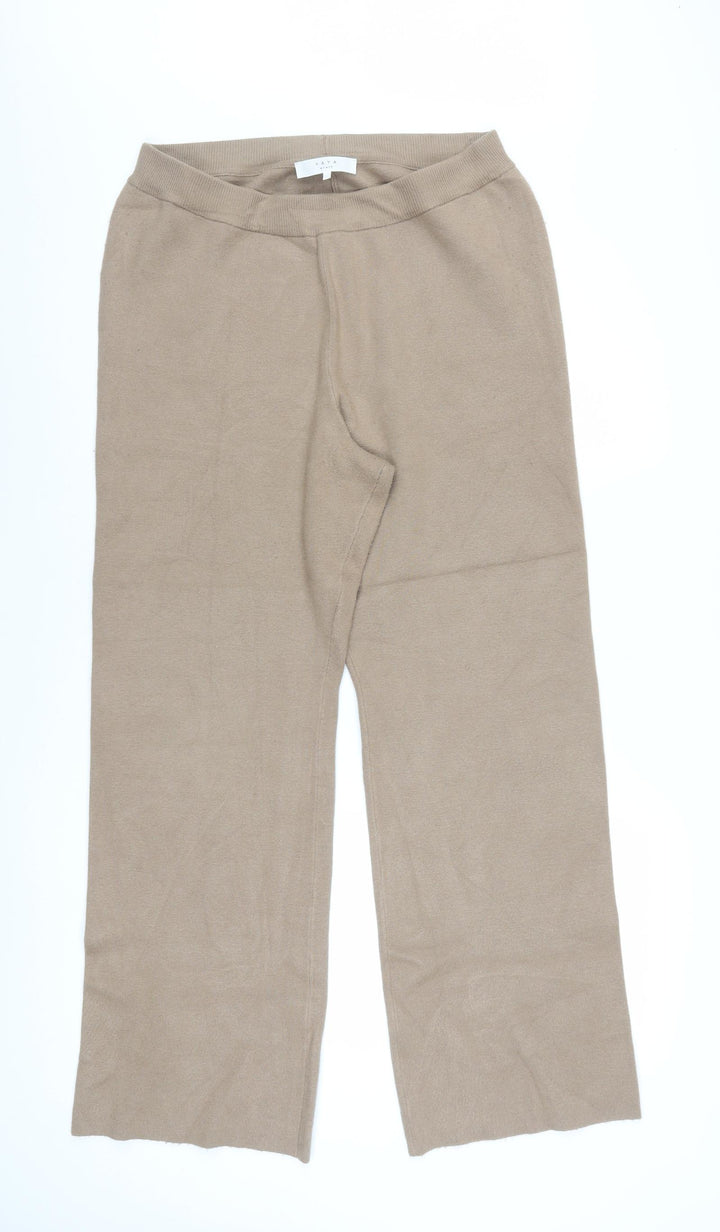 Yaya Women Beige Wide-Leg Knit Stretch Trousers Size L