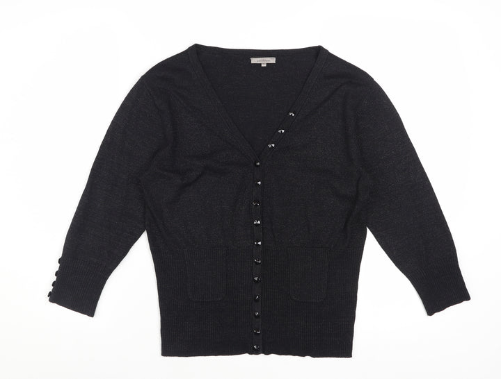 John Lewis Women Black Lurex Knit Cardigan L V-Neck Button Detail