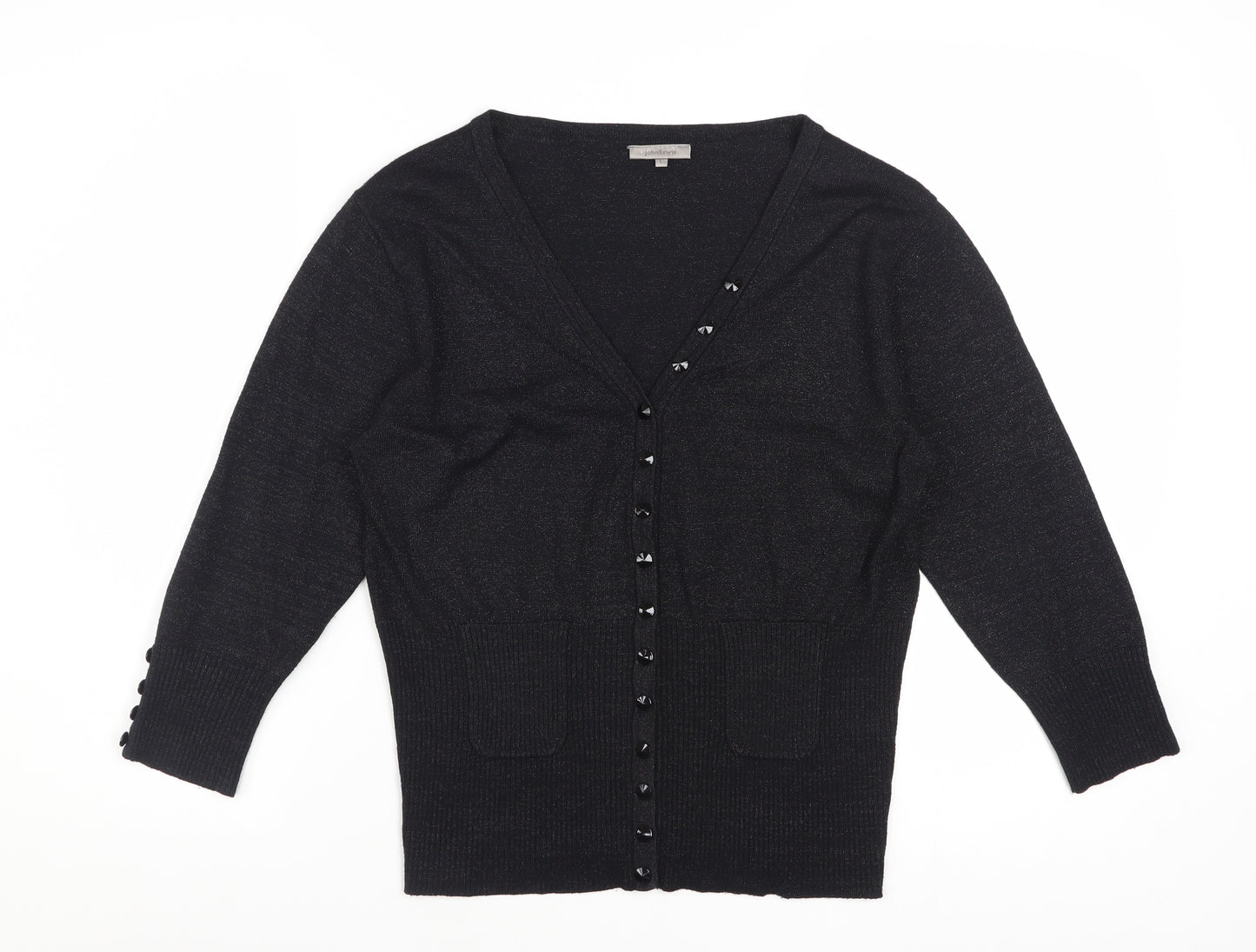 John Lewis Women Black Lurex Knit Cardigan L V-Neck Button Detail