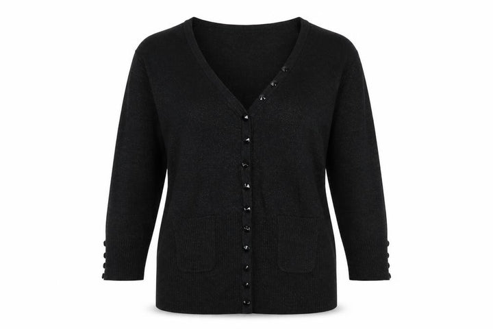 John Lewis Women Black Lurex Knit Cardigan L V-Neck Button Detail