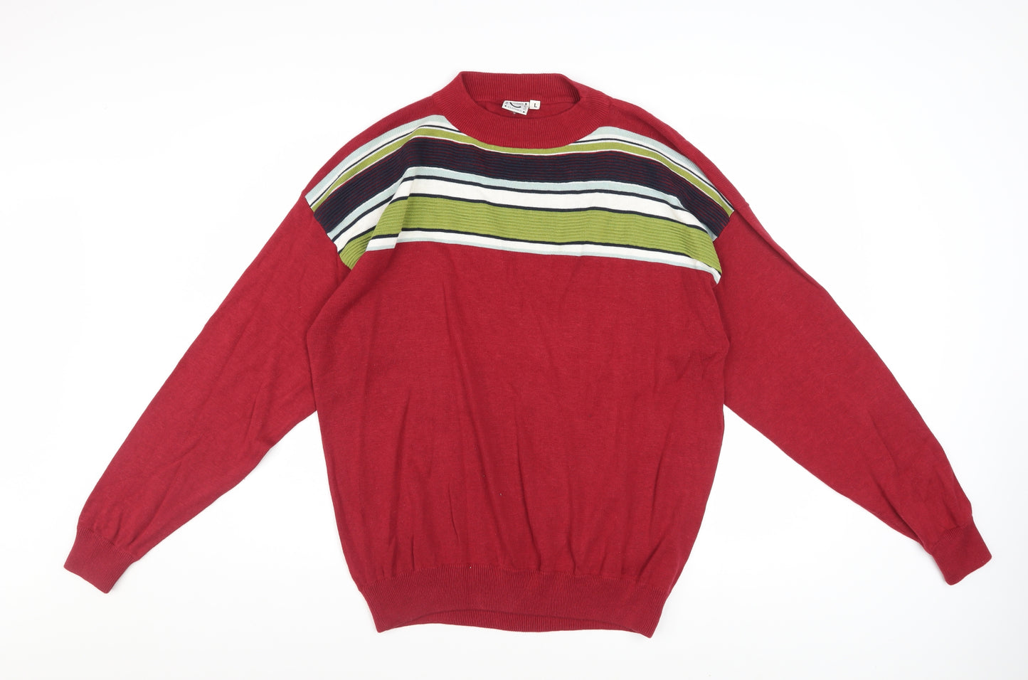 Clothes Men's Red Striped Cotton Crew Neck Pullover Jumper L