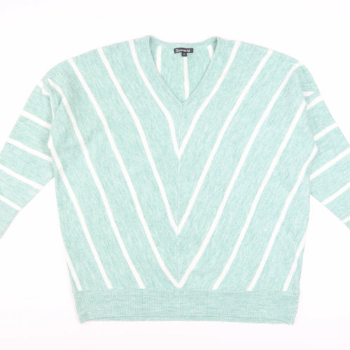 Bonmarché Women’s Green Striped V-Neck Pullover Jumper Size 14