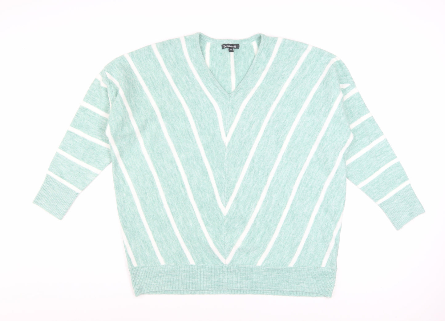 Bonmarché Women’s Green Striped V-Neck Pullover Jumper Size 14