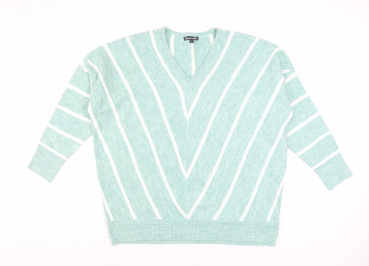 Bonmarché Women’s Green Striped V-Neck Pullover Jumper Size 14