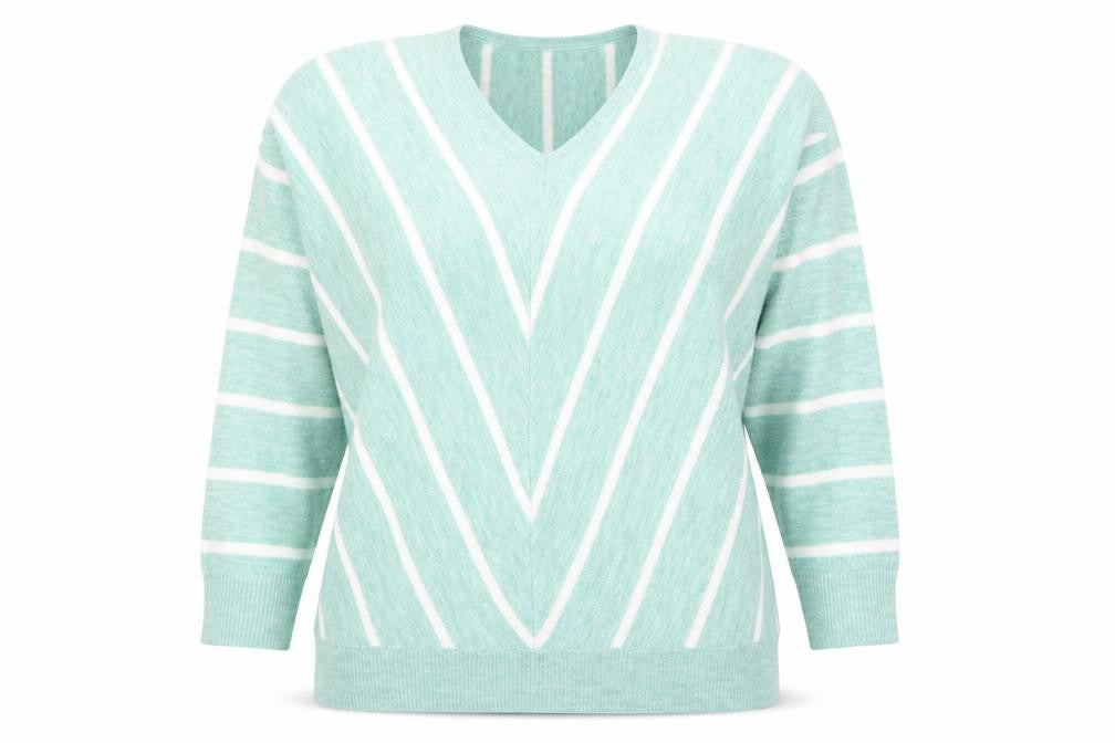 Front view of Bonmarché Women’s Green Striped V-Neck jumper, size UK 14