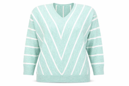 Front view of Bonmarché Women’s Green Striped V-Neck jumper, size UK 14