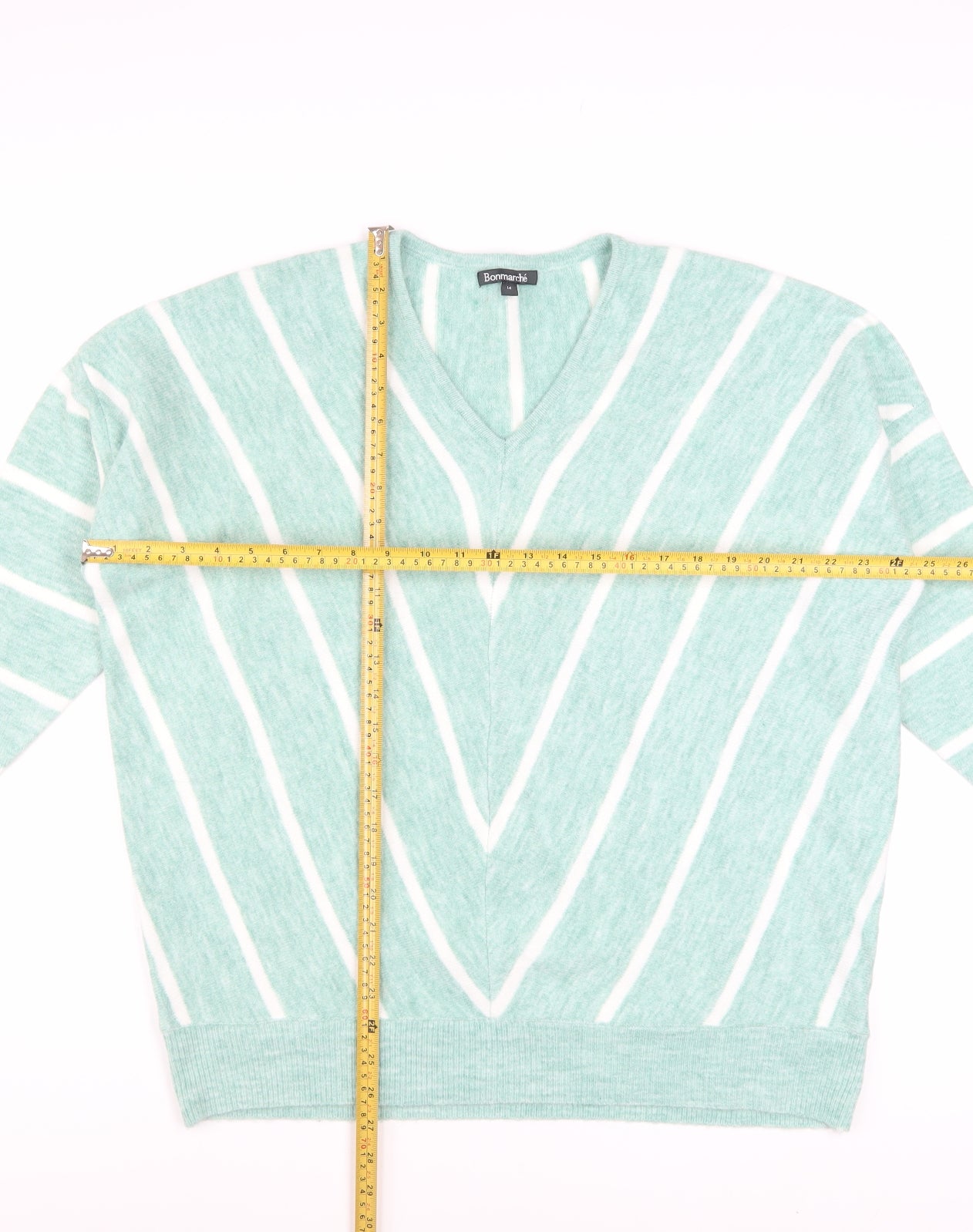 Bonmarché Women’s Green Striped V-Neck Pullover Jumper Size 14
