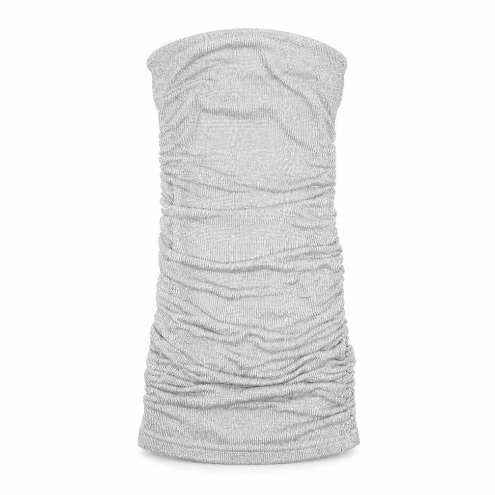 Front view of Motel Rocks Women's Silver Strapless Bodycon Mini Dress XS