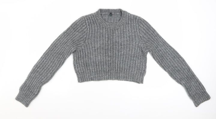 Benetton Women Grey Chunky Knit Mohair Blend Jumper Size S