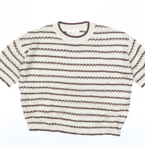 Marks and Spencer Per Una Women Beige Brown Striped Short Sleeve Jumper M