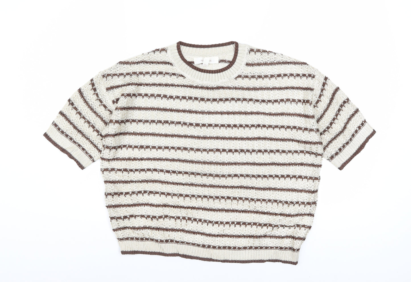 Marks and Spencer Per Una Women Beige Brown Striped Short Sleeve Jumper M