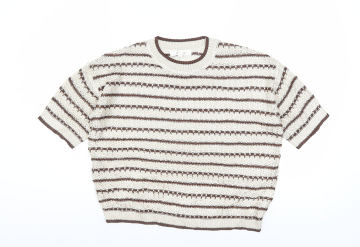 Marks and Spencer Per Una Women Beige Brown Striped Short Sleeve Jumper M