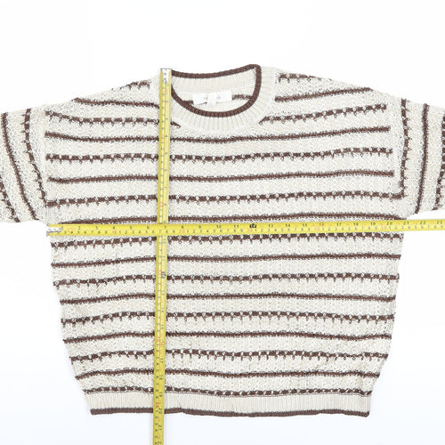Marks and Spencer Per Una Women Beige Brown Striped Short Sleeve Jumper M