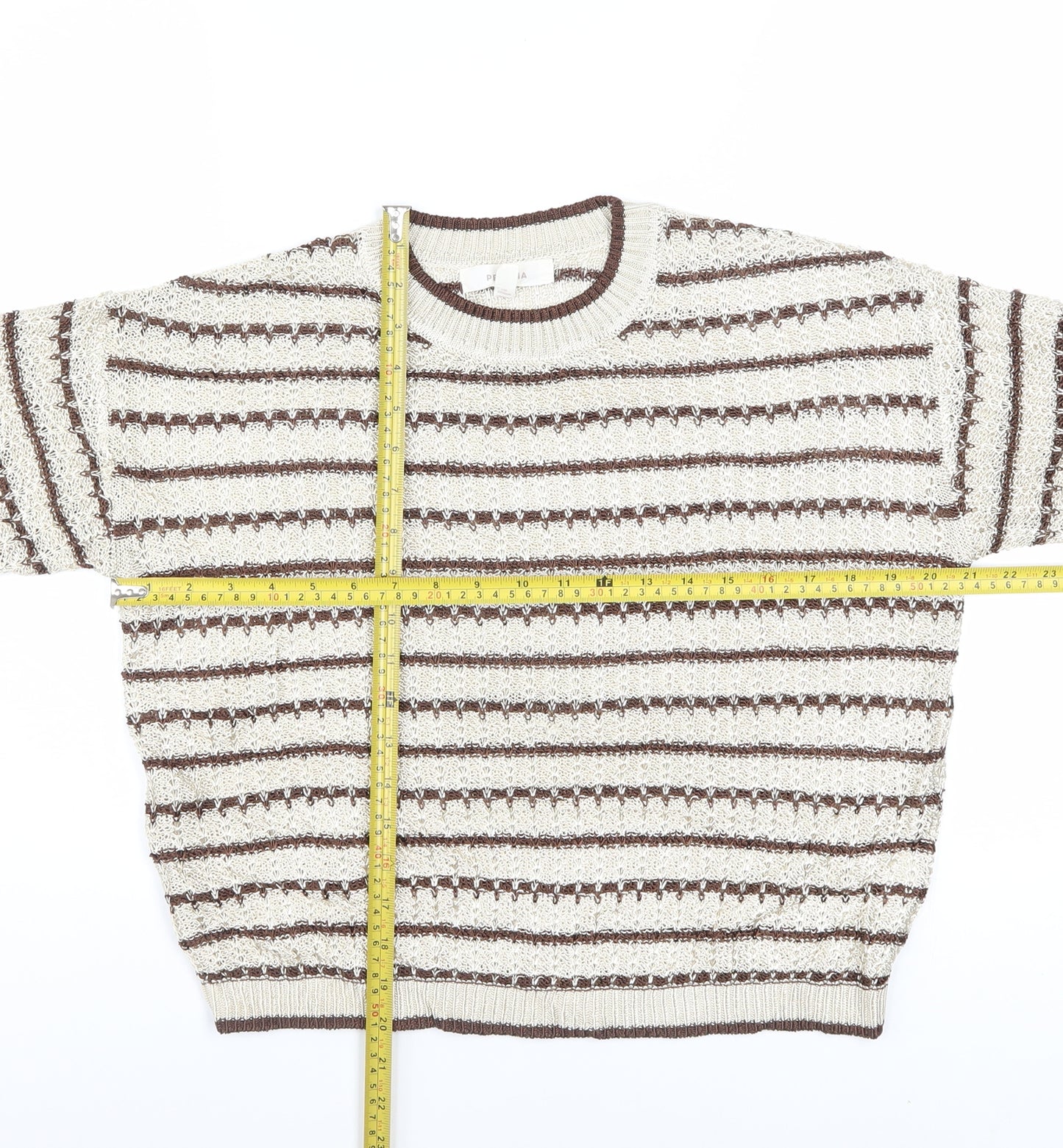 Marks and Spencer Per Una Women Beige Brown Striped Short Sleeve Jumper M
