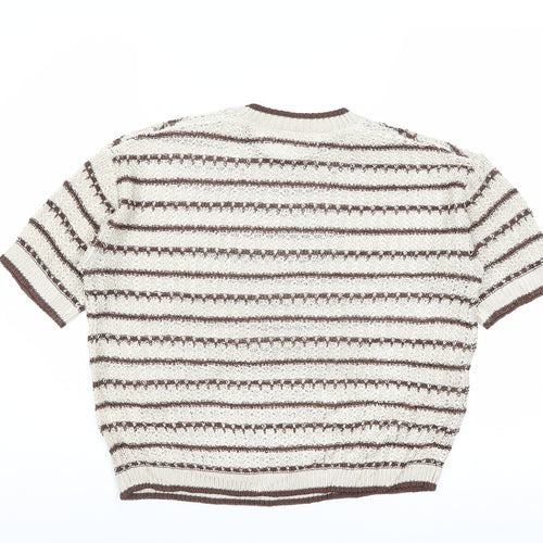 Marks and Spencer Per Una Women Beige Brown Striped Short Sleeve Jumper M